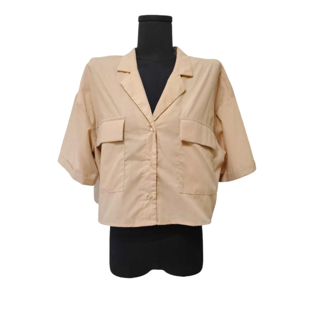 5/$25 TOXiK3 Khaki Oversized Crop Short Sleeve Button Down Shirt